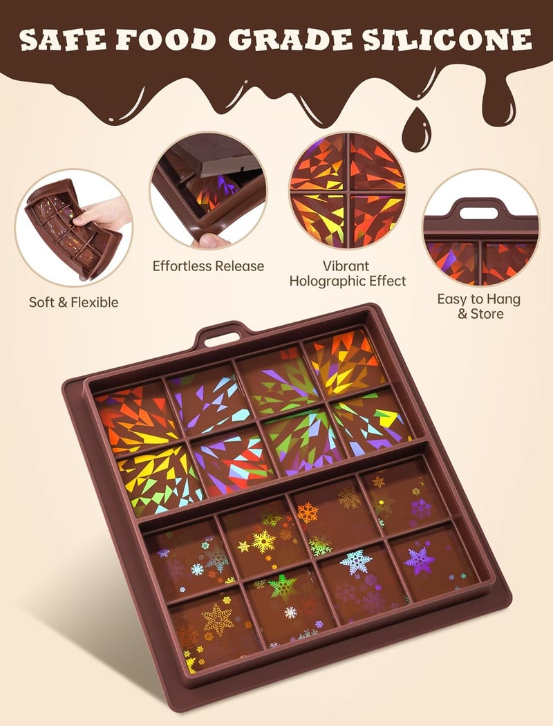 NiHome 0.67 Inch Holographic Dubai Chocolate Molds, Silicone Chocolate Bar Mold for Black Chocolate, Dishwasher Safe & Wall Hanging, Christmas Valentine Gift (Snowflake and Firework Patterns) - Image 4